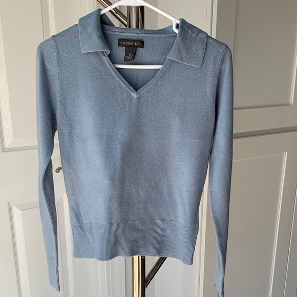 Copper Key Sweaters - Copper Key Dusty Blue Collared V-Neck Sweater, Size M.